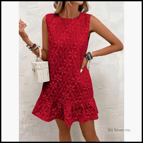 Ruffle Hem Sleeveless Tank Dress Casual Jacquard Smock Mini Dress - Picture 4 of 6